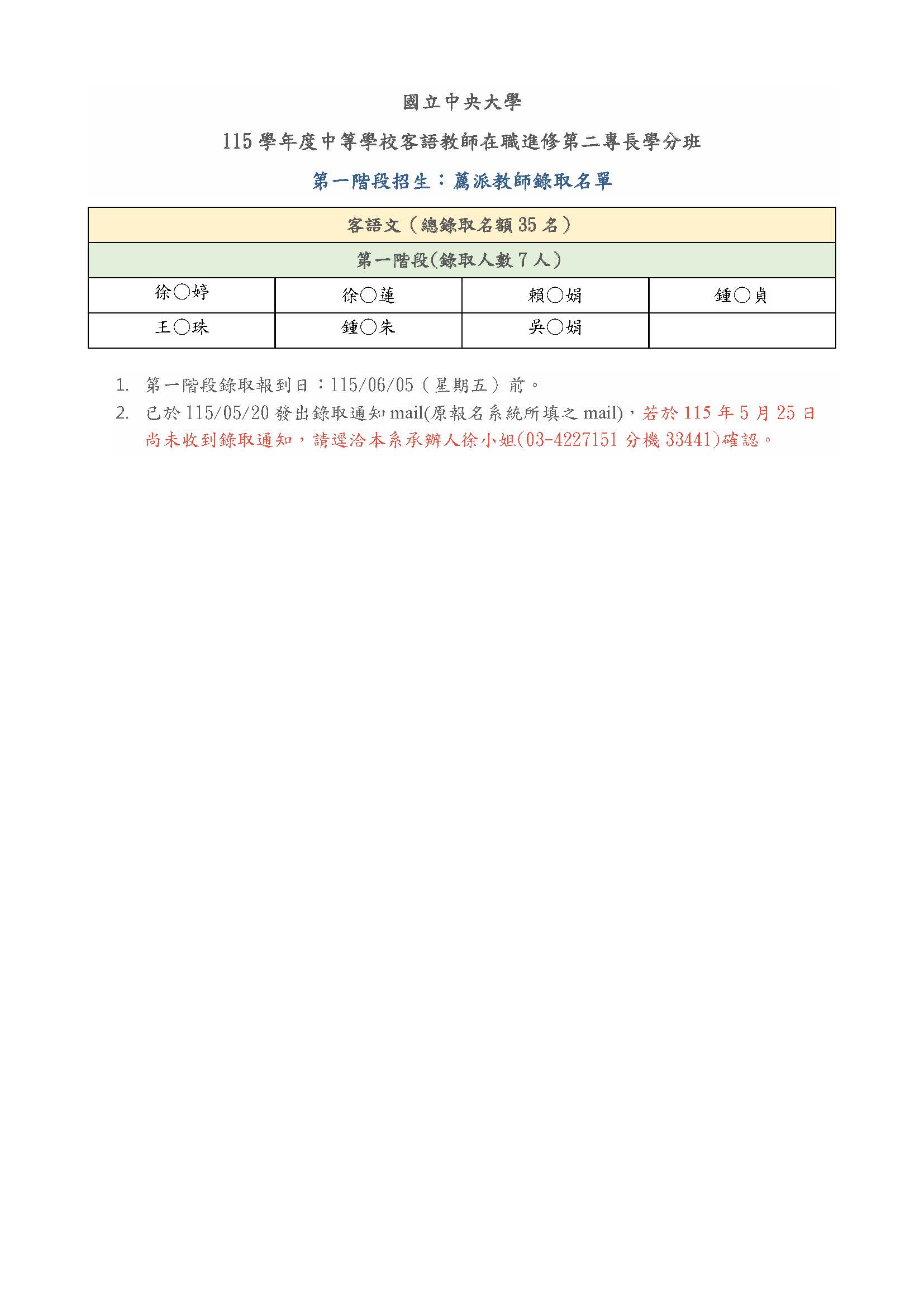 115學年度中等學校客語教師在職進修第二專長學分班-第一階段錄取通知